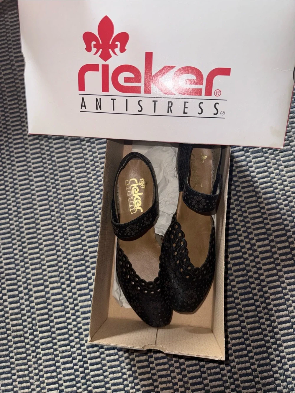 Rieker Black Laser-Cut Mary Jane heels with Ankle Strap